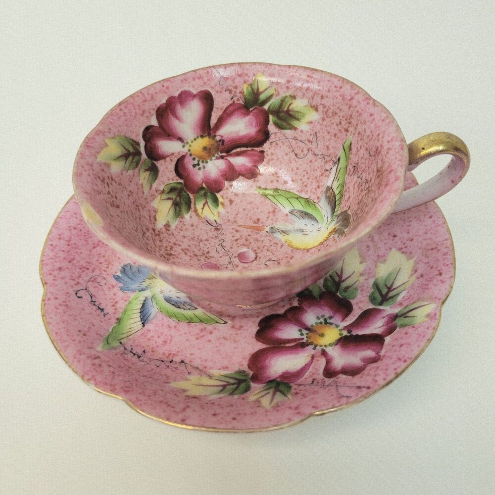 Vintage UDAGCO China Hummingbird Floral Teacup Saucer Mauve Pink Japan